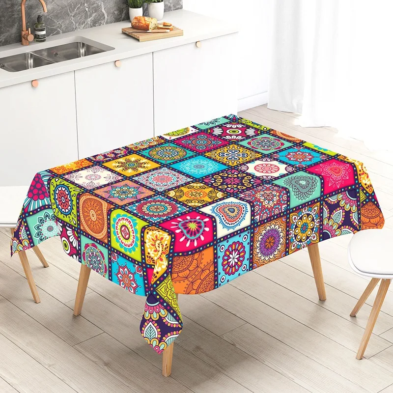 

Bohemian Ethnic Print Square Tablecloth - Polyester Fabric for Picnic Parties & Home Decor, Retro Style Durable Table Cover