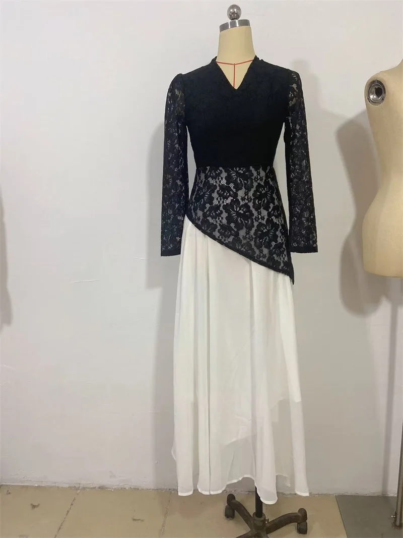 サウジアラビア レース レディース プロムドレス ブラック ホワイト 秋 フルスリーブ ロング フォーマル Aライン ページェント ローブ パーティー イブニングガウン