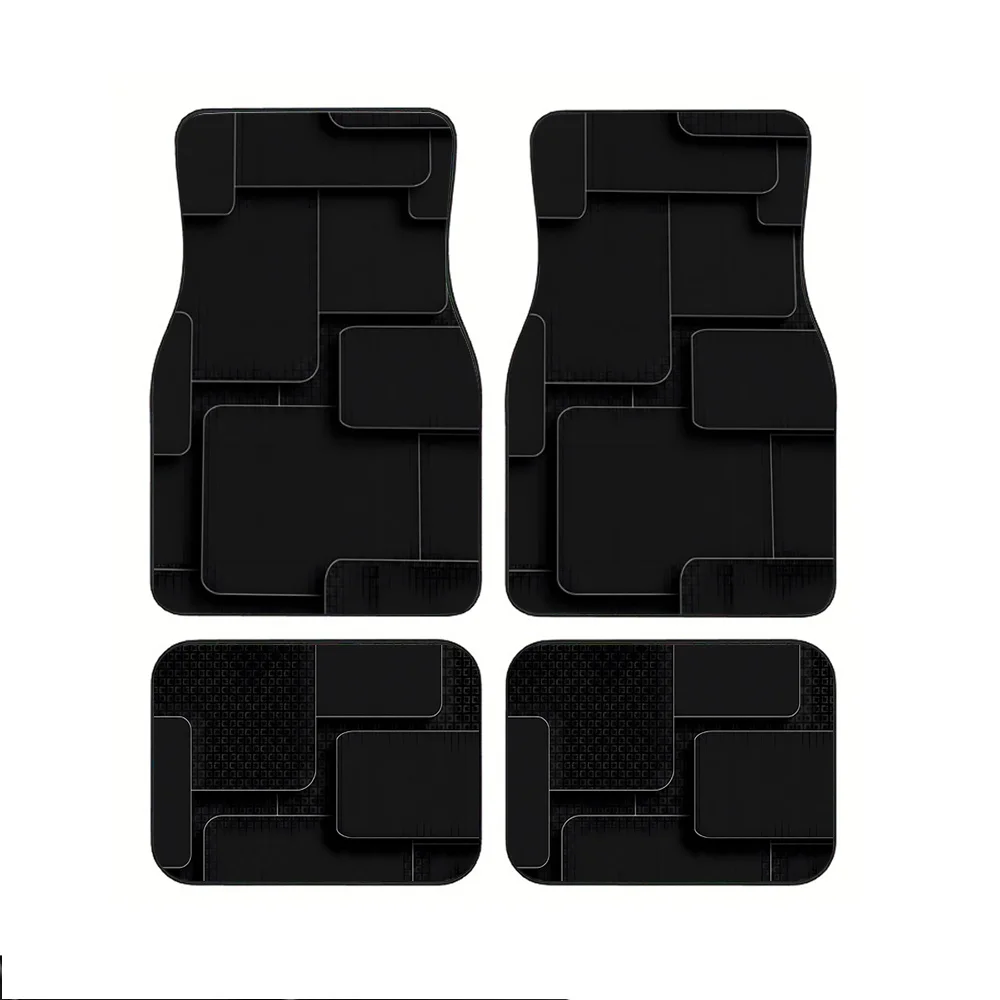 4pcs Black Checkered Printed Car Floor Mats | Durable Polyester Fiber, Universal Fit For Sedans, Trucks, SUVs, Ideal Gift Choice