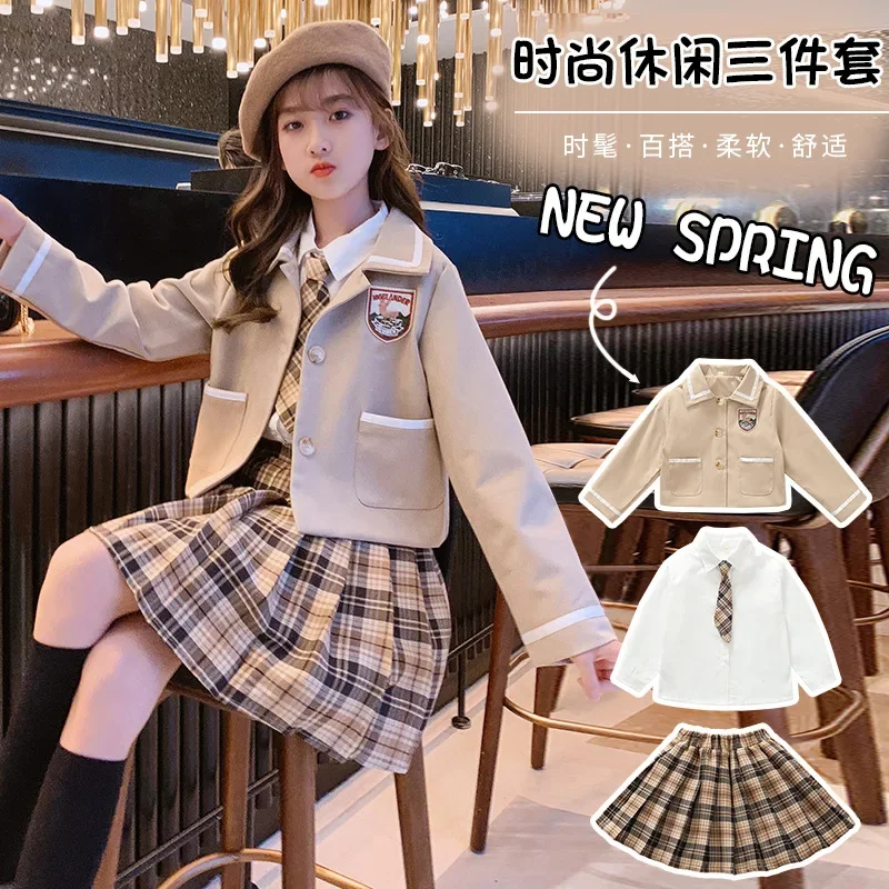 Girls Spring Autumn Jk School Uniform Sets Children College Style Coats+Long Sleeved Shirt+Pleated Skirt 3Pcs Teen Kids Outfits