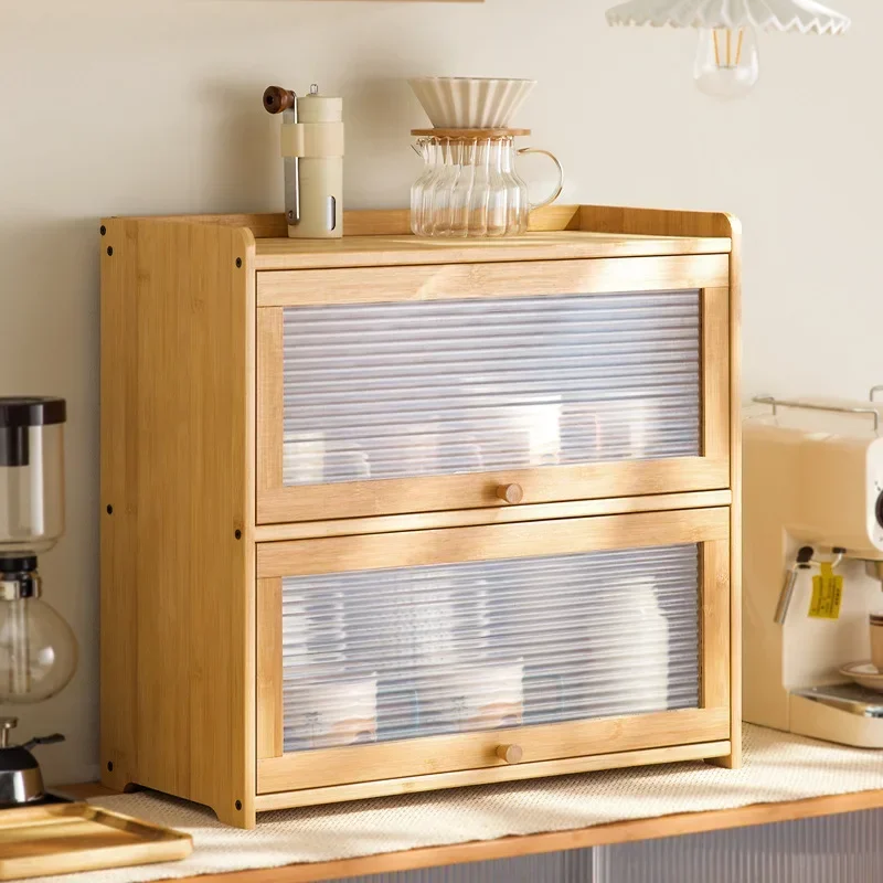 Desktop coffee cup storage box mug tea set shelf water cup cosmetics shelf solid wood bamboo with lid