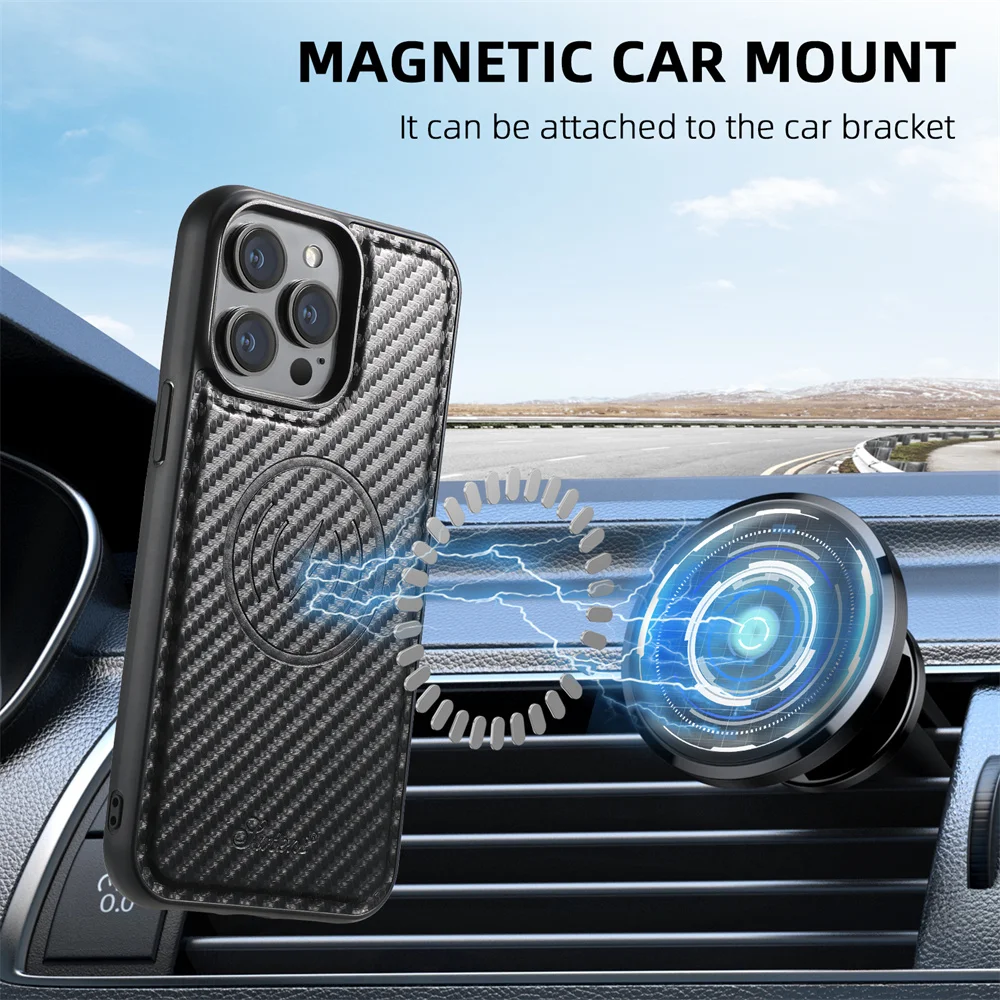 SUTENI Luxury Carbon Fiber Texture Magnetic Case for iPhone 16 Pro Max 12 13 14 Pro 15 Plus Defender Wireless Charging Case