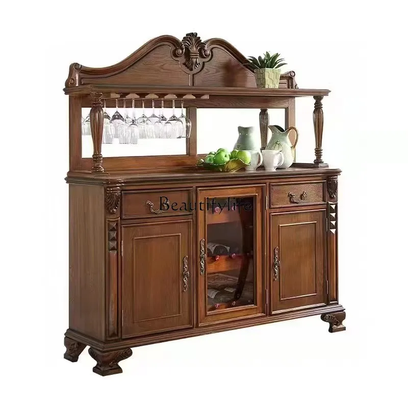 

Solid wood side cabinet double layer with wine rack, dishes and retro storage cabinet