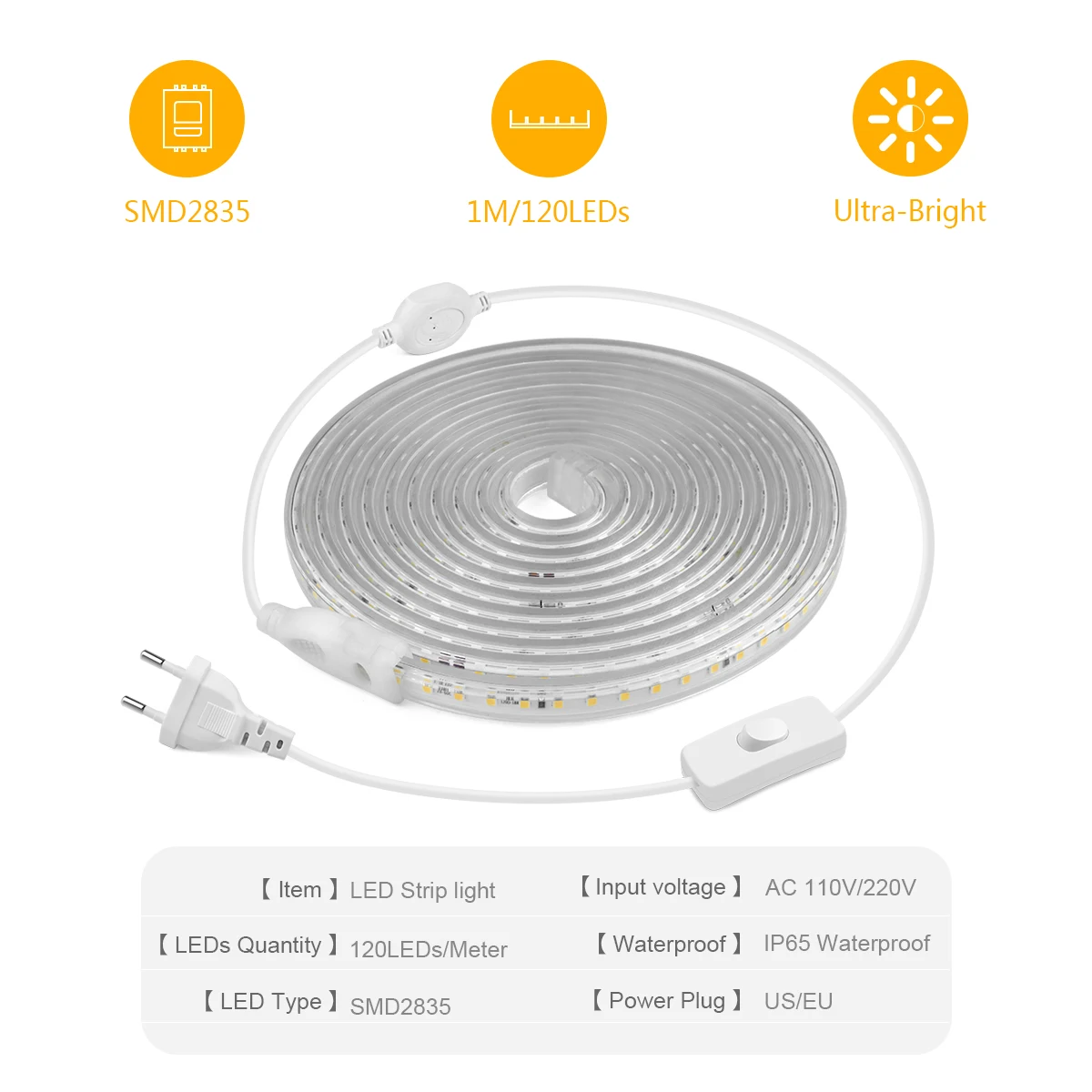 High Brightness LED Strip Light AC 220V 110V 120LEMs/m Waterproof Flexible Tape With Switch Power Plug Kitchen Outdoor Lighting