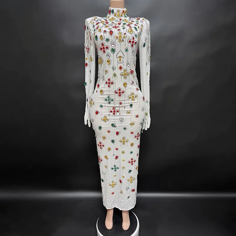 

Women Sparkly Luxury Crystals Rhinestone Wedding Party Birthday Queen White Long Dress With Gloves 2025 New