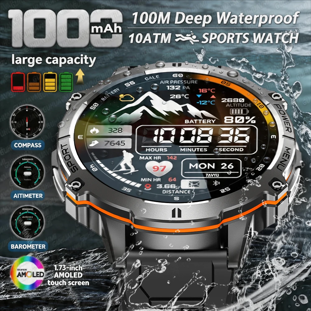 

Новые военные спортивные умные часы для мужчин, аккумулятор 1000 мАч, водонепроницаемость 10ATM, AMOLED-дисплей, компас, альтиметр, Bluetooth-вызовы, фитнес-функции.