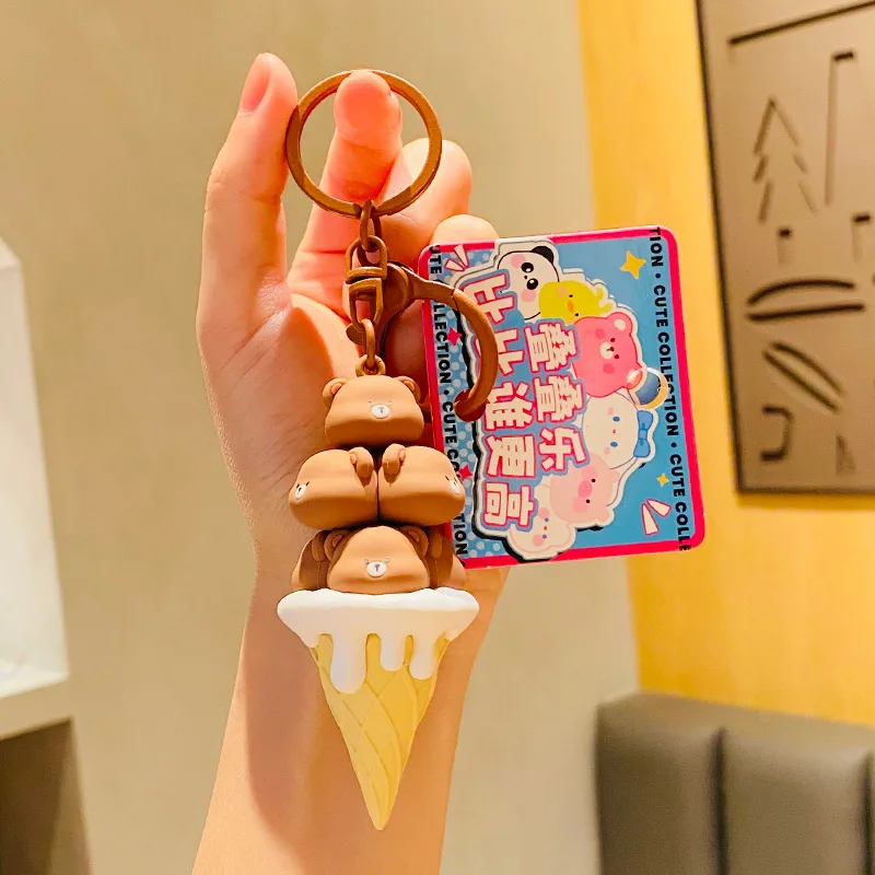 Cartoon Cocoa Butter Cream Ice Cream Stack Tall Bear Doll Key Chain Cute Pink Bear Chocolate Bean Ice Cream Keyring Bag Pendant