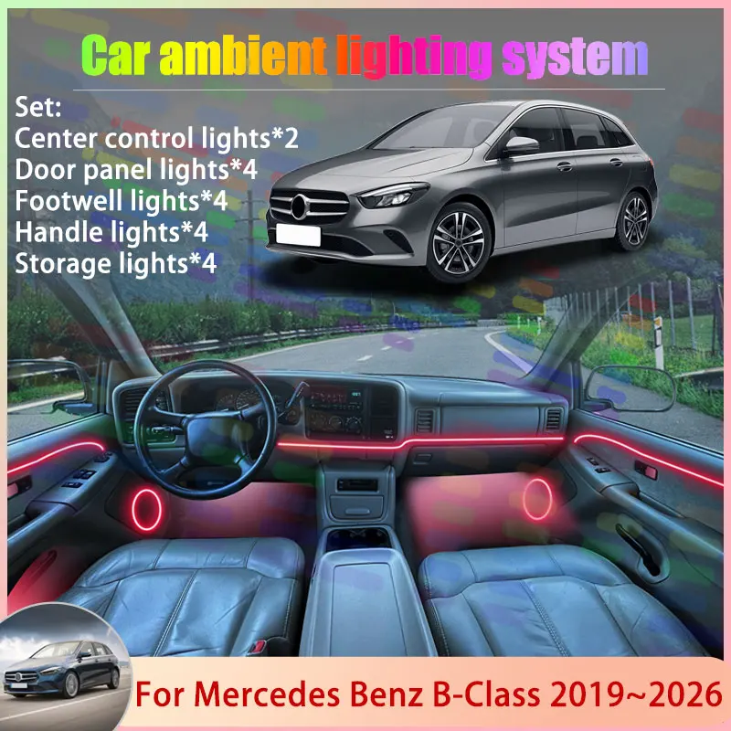 

Для Mercedes Benz B-Class MK3 W247 2019 ~ 2026 2020 2/18 в 1, автомобильная атмосферная лампа, RGB абажур, ансамбль, стример, атмосферный набор