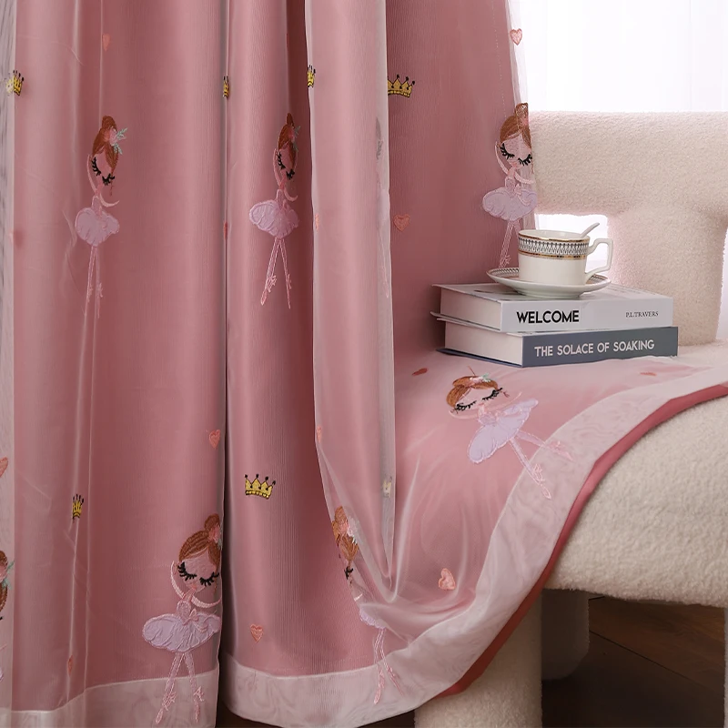 Modern Double Layered Curtain for Living Room Solid Color Cloth Curtain Plus Embroidered Sheer Curtain for Girls' Bedroom