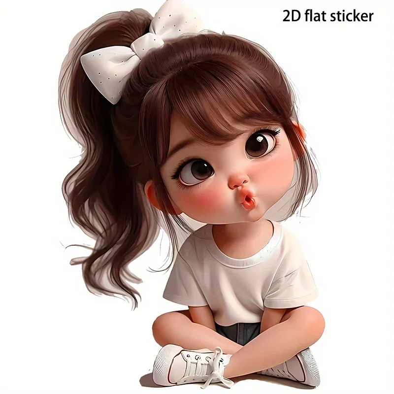 Cute Girl 2D Flat Vinyl Sticker, Glossy Waterproof Self-adhesive Decal for Car Water Bottle Smooth Surfaces DIY Exterior Decor