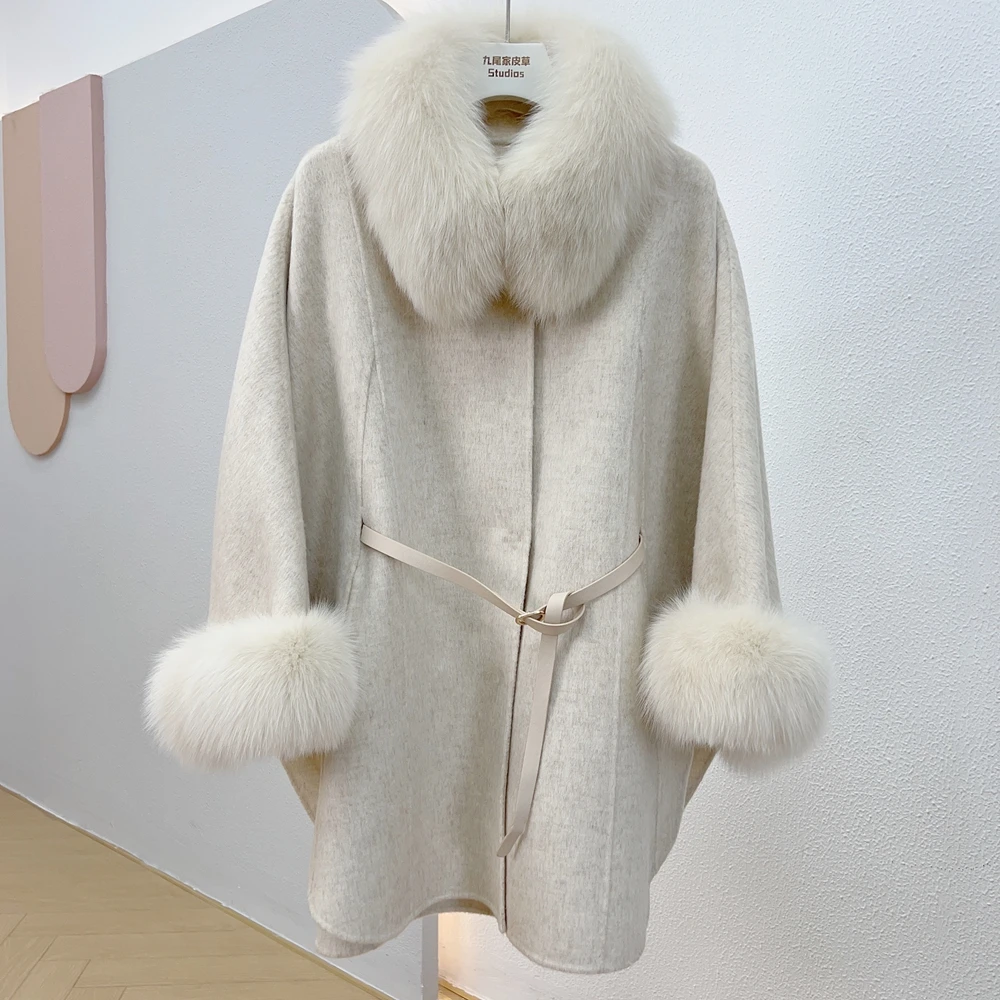 Winter Frauen echten Fuchs Pelzmantel 100% Wolle Umhang Kaschmir warme Jacke abnehmbaren Kragen Luxus dicken weiblichen Mantel