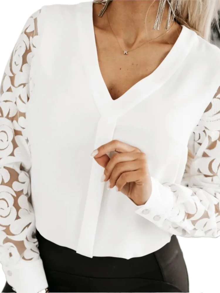 

Women's Spring Summer New Long Sleeved Simple Commuting Sexy V-neck Solid Color Fashionable Lace Patchwork Shirt Top