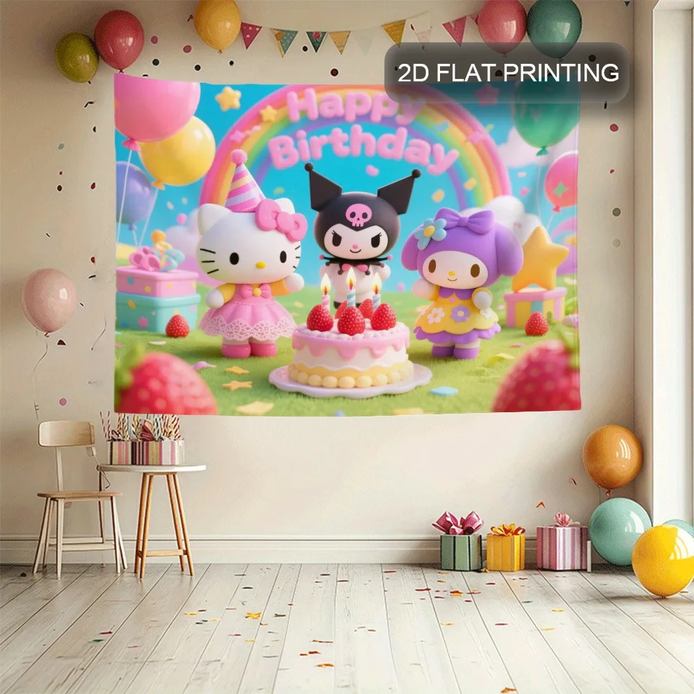 

Баннер для дня рождения Hello Kitty, Coolomi и Melody — милый аниме-стиль, красочные воздушные шары и украшения для торта