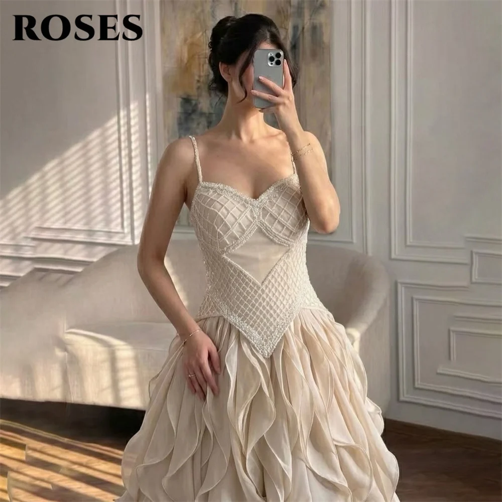 ROSES Beige Prom Dress Spaghetti Strap Sleeveless Celebrity Dress Beading On Chest Women's Evening Dress Formal Gown Customized