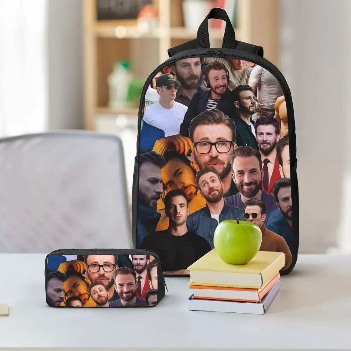 Chris Evans Photo Collage Backpack Boys Girls BookBag School Bag Shoulder Bags 3ps Insulated Lunch Bag Pencil Case