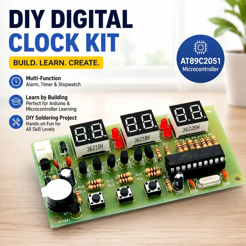 DIY 6-Digit Digital Clock Kit AT89C2051 Soldering Project with Alarm, Timer, Stopwatch, PCB for Arduino Learning
