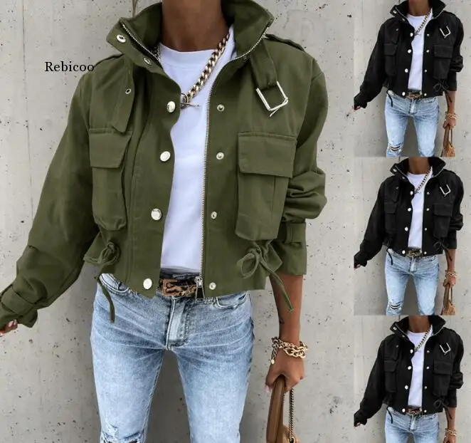 

2021 Women's Autumn Jacket New Casual Drawstring Zipper Buckle Short Slim Jacket Female Elegant Zipper Single Breasted Coat