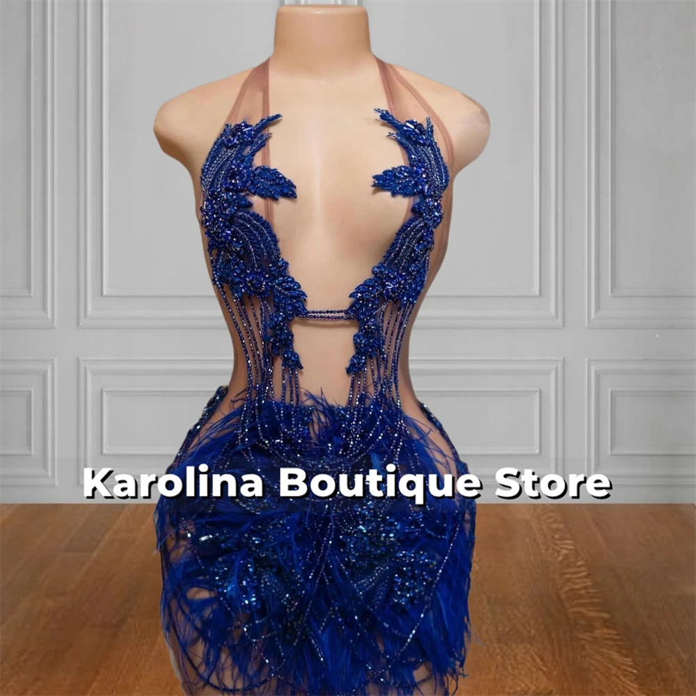 Royal Blue Feathers Prom Dresses Beaded Rhinestone Tassels Baddie Dresses For Birthday Halter Homecoming Dress Customized