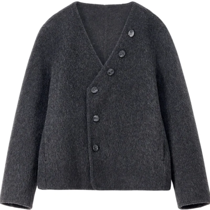 SENTBUILA New Coats for Woman 2025 Autumn Wool Blend V-neck Jackets Double Sided Wool Short Loose Female Clothing W54OF2424