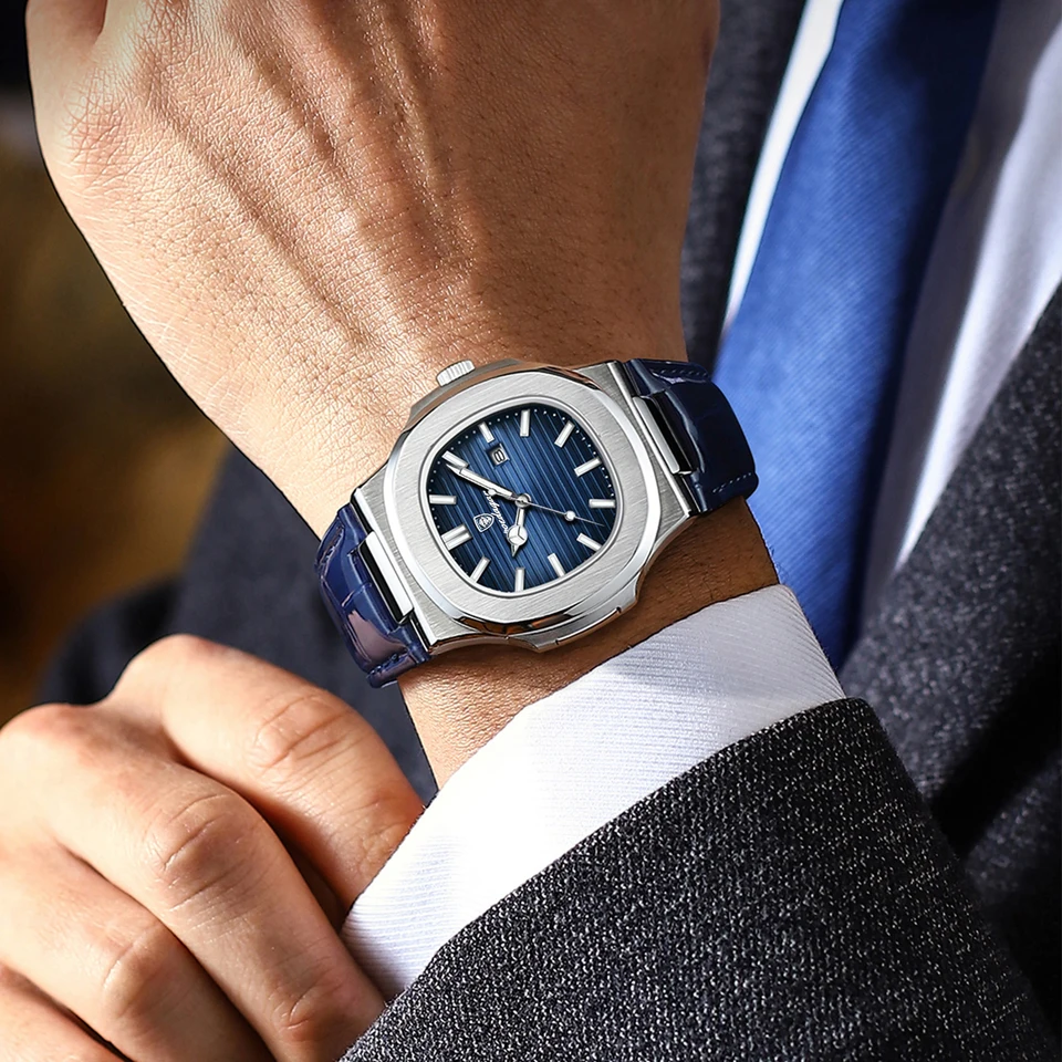Reloj POEDAGAR cuadrado de lujo para hombre, fecha, resistente al agua, luminoso, cuero de alta calidad, con caja 6
