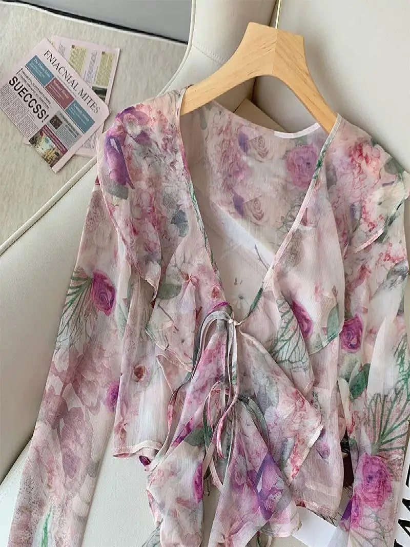 سترة كادين مزينة بالدانتيل على شكل حرف V طويلة Sve ort، تصميم صيفي جديد متعدد الاستخدامات، حماية منتفخة حلوة #3