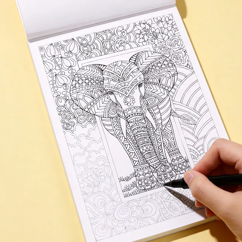Adult Stress Relieving Hand Drawn Coloring Book, Include Underwater Animals, Mandalas, Elephants, Landscapes, and Other Themes