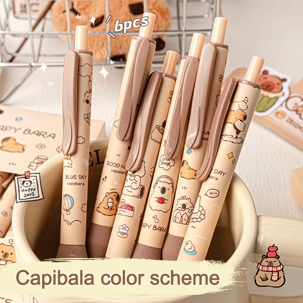 6PCS/Box ST Tip Capybara Neutral Pen Soft Cloud Grip Press Type Ballpoint Pen School Supplies Quick Drying Writing Tools Student