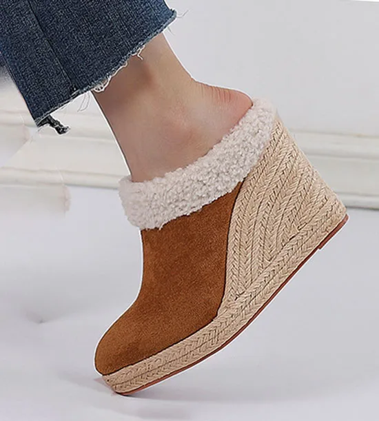 LIHUAMAO Plush lining Wedges heel slipper comfort women mules espadrilles shoes platform pumps comfort slip on loafers sandals