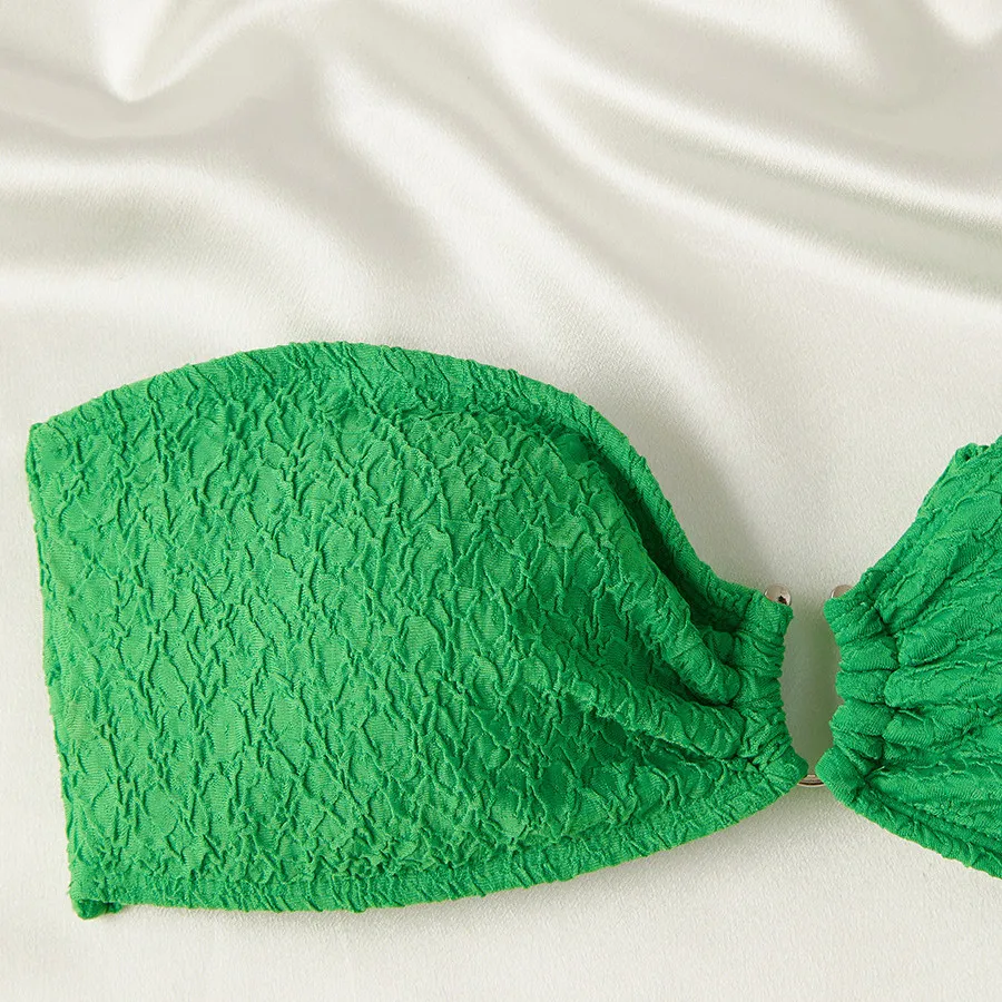 Green Bandeau Bikinis Sets De Mujer Metal Ring Texture Solid Swimwears Lace-up Micro Thong Sexy Swimsuit Women 2025 Biquinis