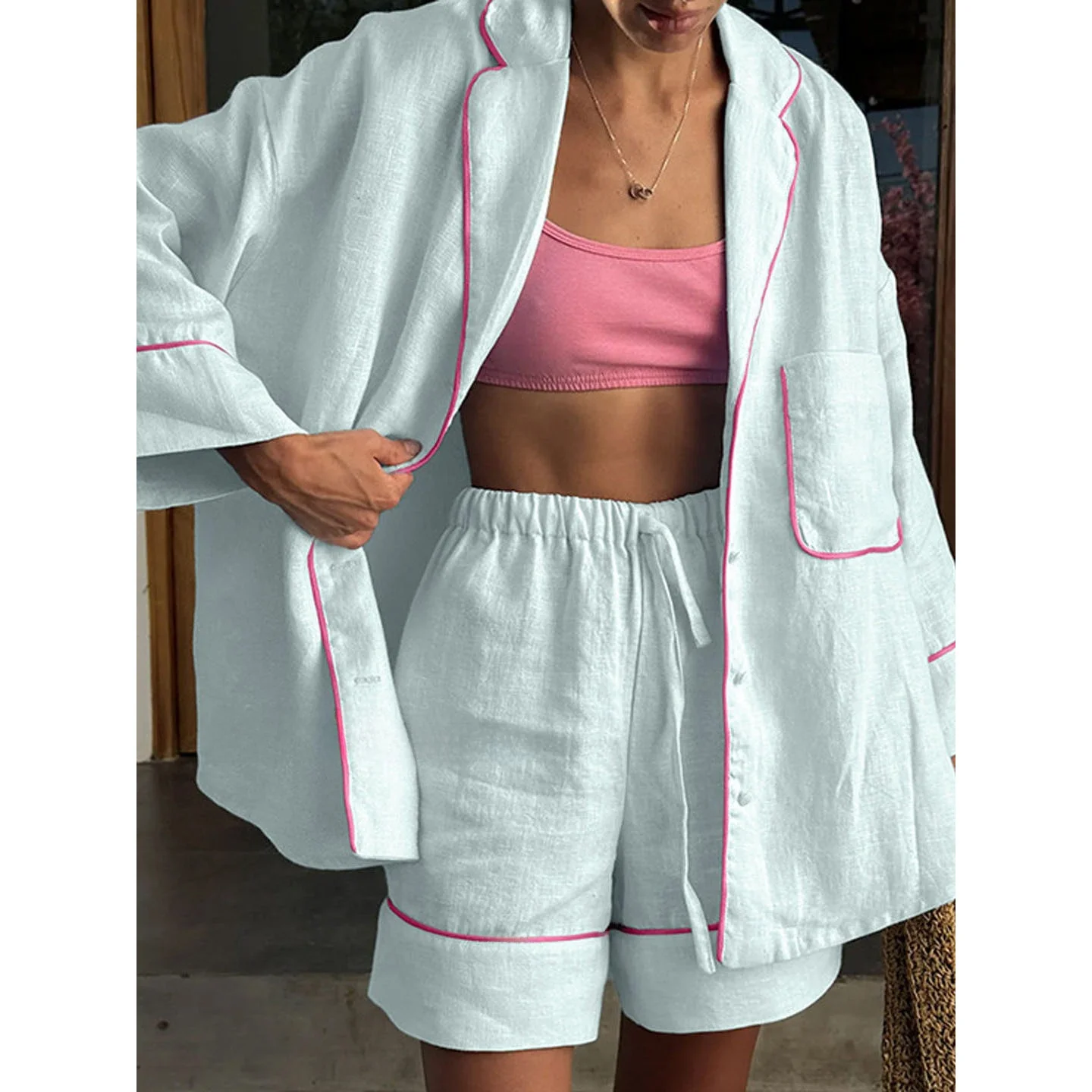 

Casual Cotton Blend Color Blo Loose Fit Long Sve Collared Top orts Two Piece Set Women's Spring Faion Outfit