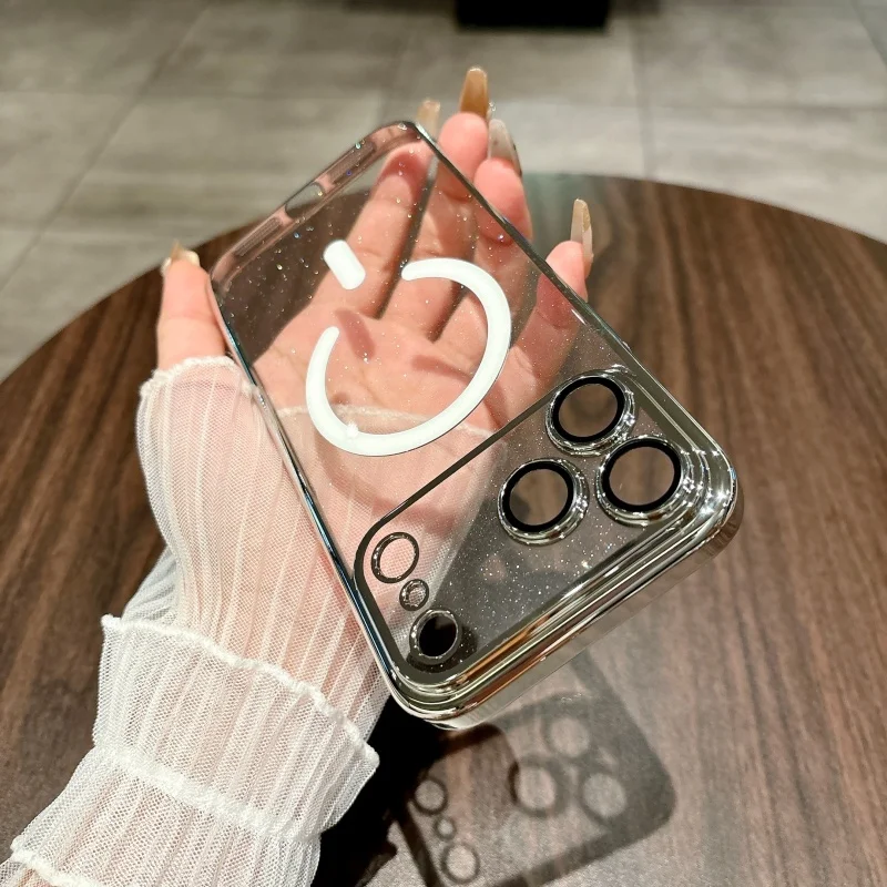 حافظة مغناطيسية لاسلكية لامعة برتقالية من إيما لهاتف آيفون 17 16 15 14 13 12 11 Pro Max Plus مع حماية عدسة تغطية كاملة