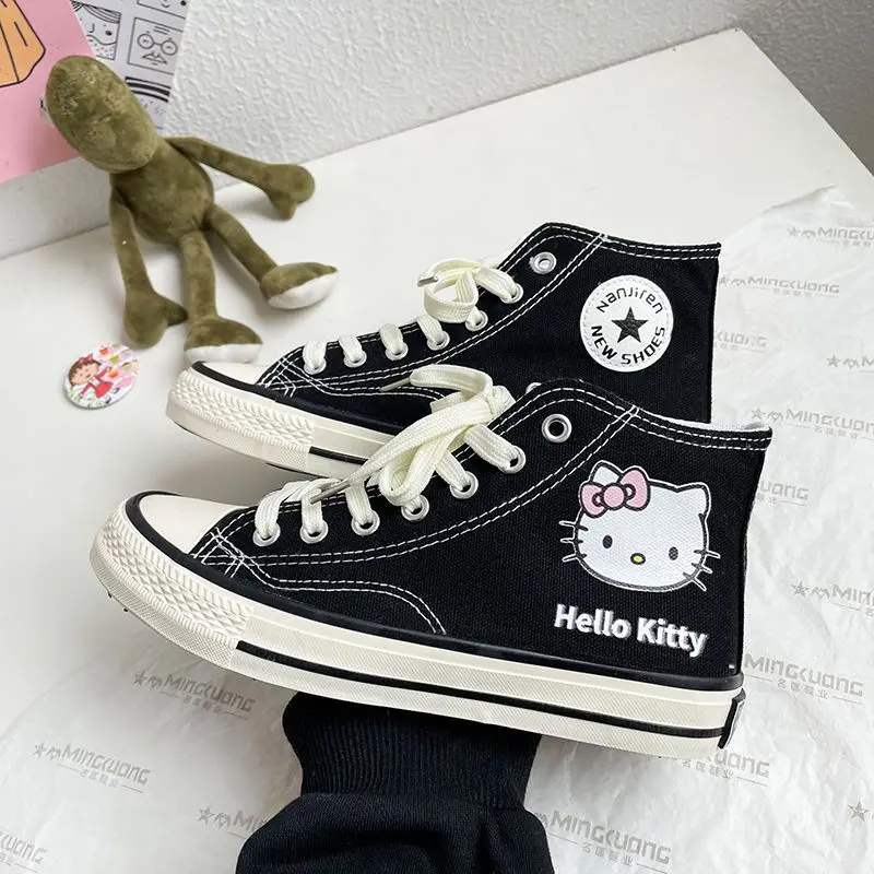 High Top Canvas Shoes Hello Kitty Kawaii Student Cartoon Graffiti Flat Follow Sneakers College Versatile Fashion Clothes Gifts