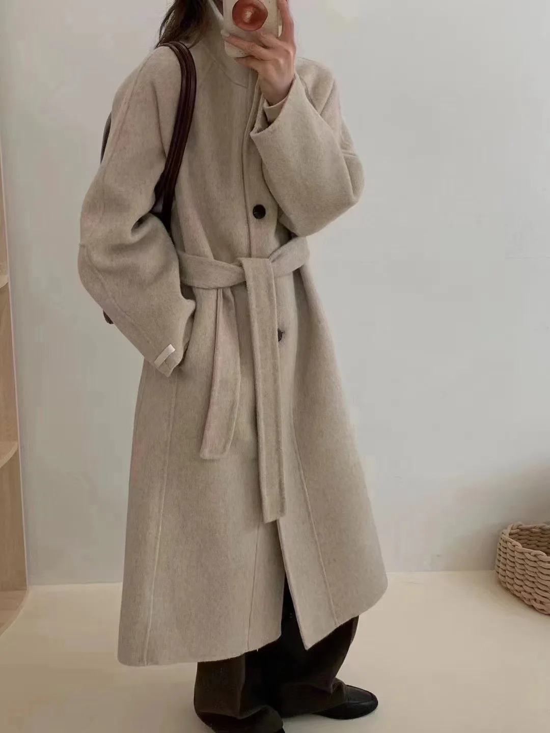 Women Long Double-sided Woolen Coats Retro Loose Female Overcoat Double Breasted Ladies Windbreak Autumn Winter 2024