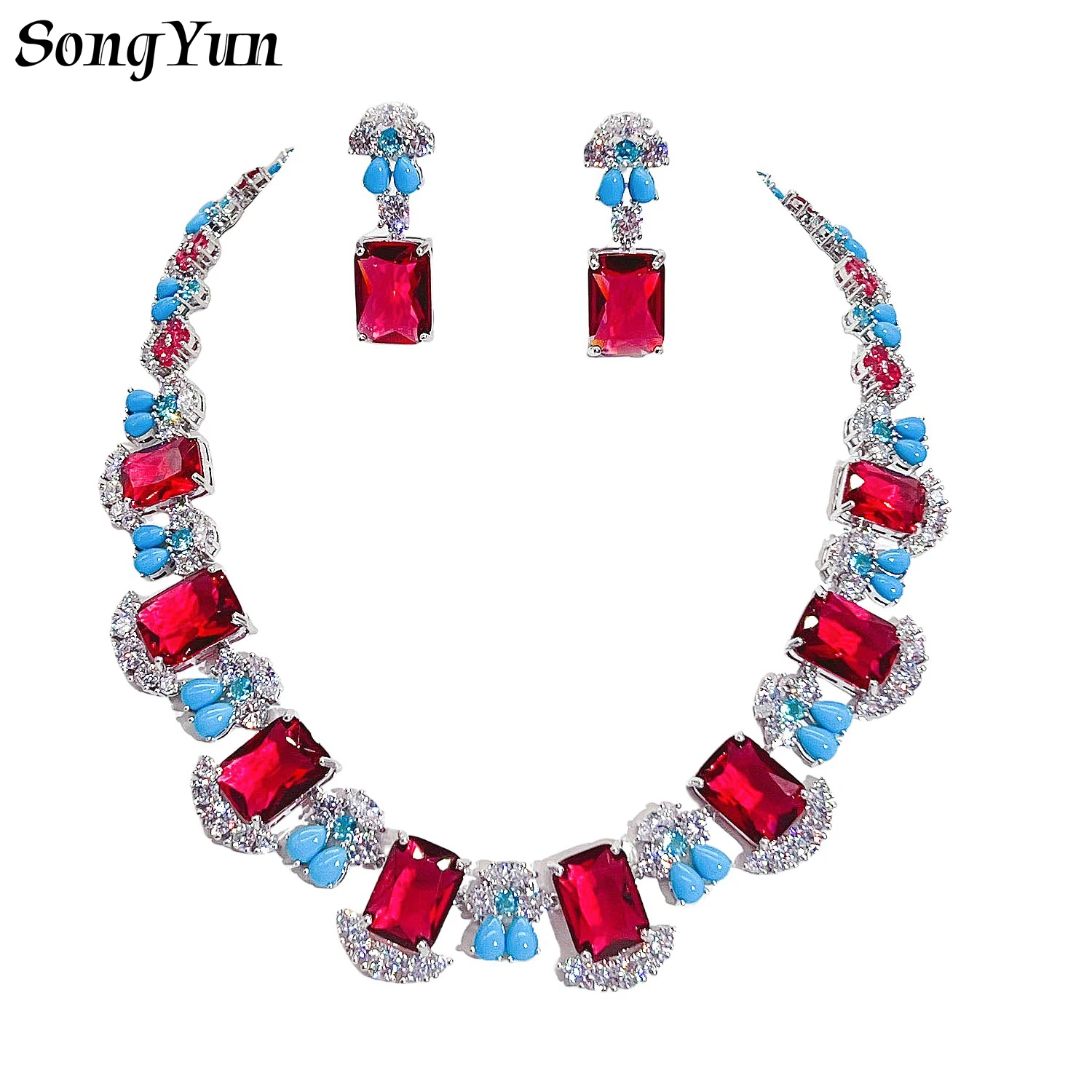 

Модный экстравагантный красочный красно-зелено-сине-розовый комплект украшений: ожерелье и серьги с кубическим цирконием, посеребренные, роскошный набор для свадьбы и вечеринок