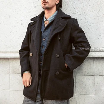 Men's Black Wool Peacoat 3 Red Tornado 740 Peacoat in Black Vintage Double-Breasted Mid-Length Wool Blend Overcoat for Men Warm Winter Jacket 3