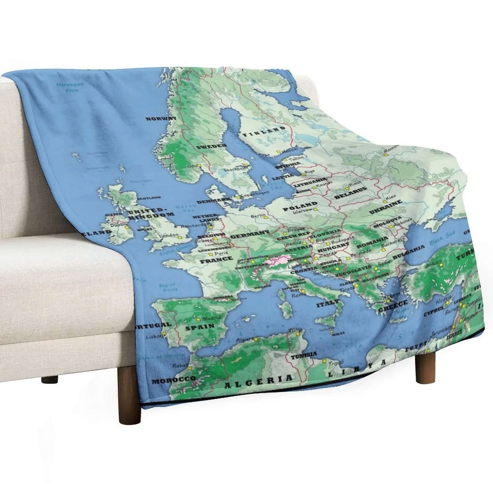 

detailed physical map of EUROPE topographic map of EUROPE with Country names, Capitals and Major Lakes and Rivers Throw Blanket