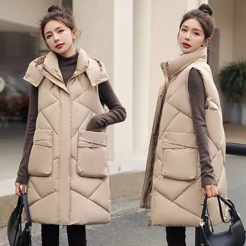 

2023 New Winter Women's Sleeveless Cotton Jacket Long Jacket Hooded Slim Parka Vest Winter Waistcoat Warm Puffer Parkas Outerwea