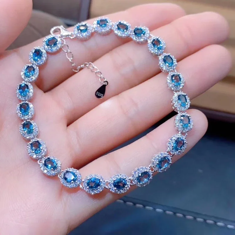 

Natural London Blue Topaz Bracelet Genuine S925 Sterling Silver Women's Bracelet Fashion Jewelry