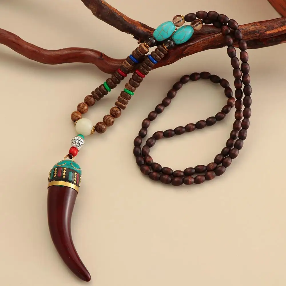 Vintage Ethnic Jewelry Handmade Horn Fish Pendant Nepal Necklace Buddhist Mala Wood Bead Festival Lucky Gift