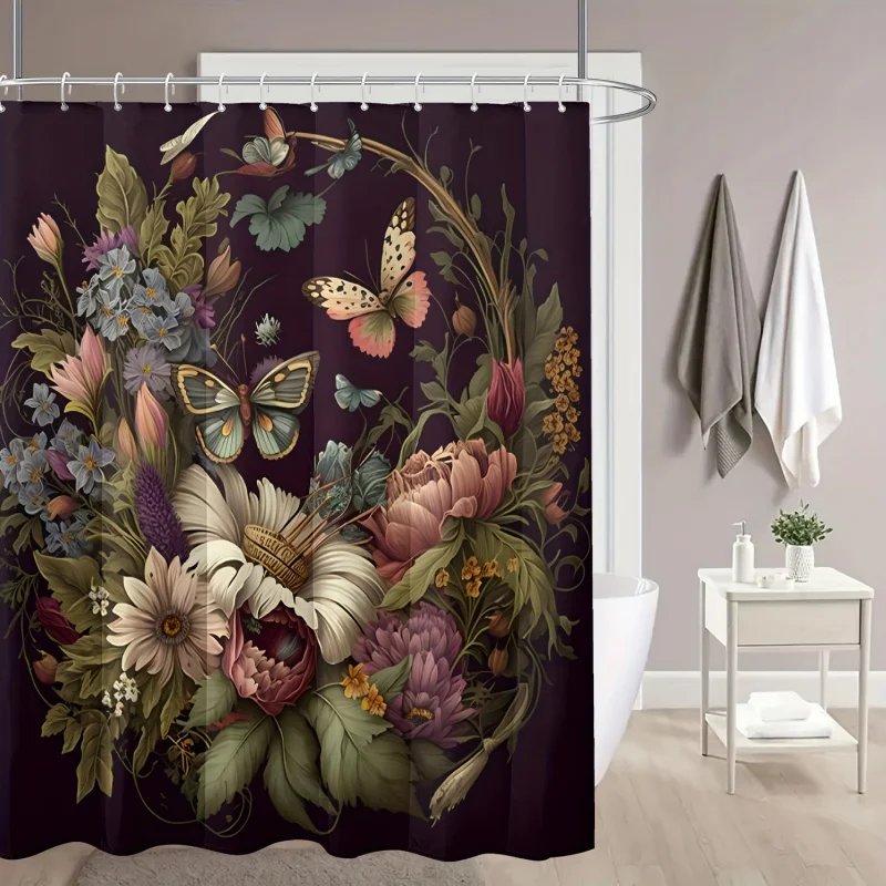 Launch 1/4pcs Black Background Butterfly Cluster And Floral Printed Bathroom Set, Waterproof Curtain with Plastic Hooks,