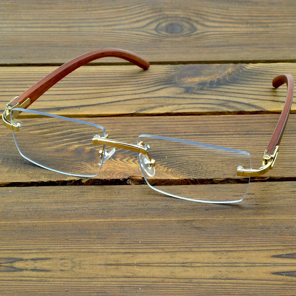 

Men and Women natural wood legs rimless glasses frame high standard