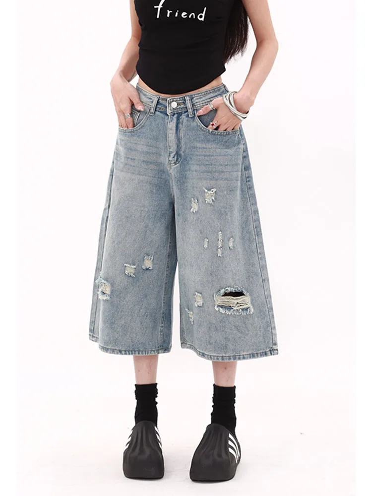 กางเกงยีนส์ทรงตรงขากว้างสไตล์วินเทจอเมริกัน ขาดๆ เซอร์ๆ เอวสูง 7/8 ความยาว ผู้หญิง ฤดูร้อน รุ่นใหม่ ทรงหลวม