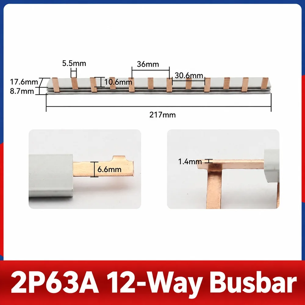 1Pcs 63A MCB Busbar 1/2/3Pole 4-12 Way Pin Type Busbar 18/36mm Phase Spacing Red Copper Circuit Breaker Busbar