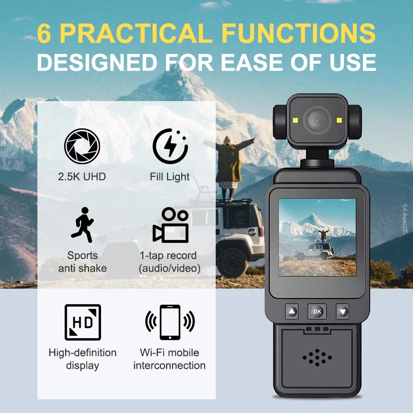 FHD 2.5K Pocket Recorder Ultra-Compact & Wearable 180° Rotatable Night Vision Lens Loop Recording - Ideal For Travel Sports