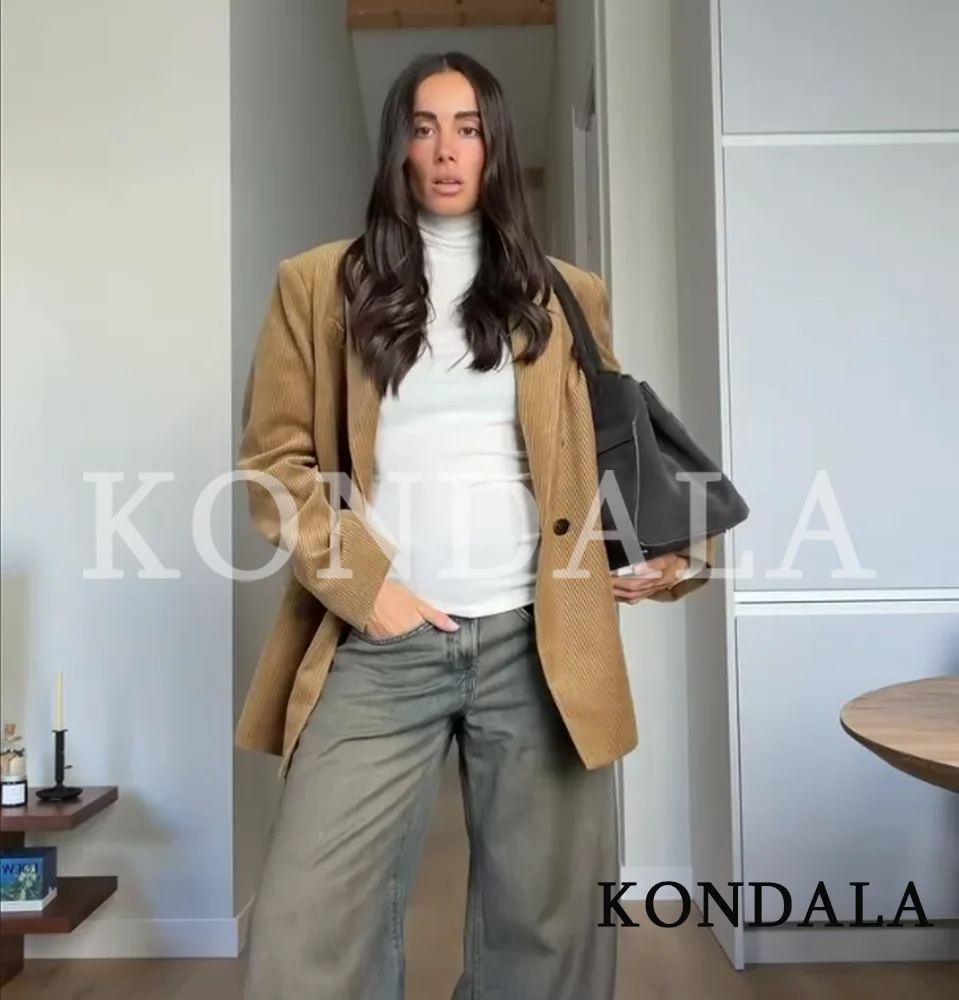 

Женский вельветовый блейзер KONDALA для повседневной носки, модный элегантный двубортный пиджак, новинка весенней коллекции 2026, винтажный стиль