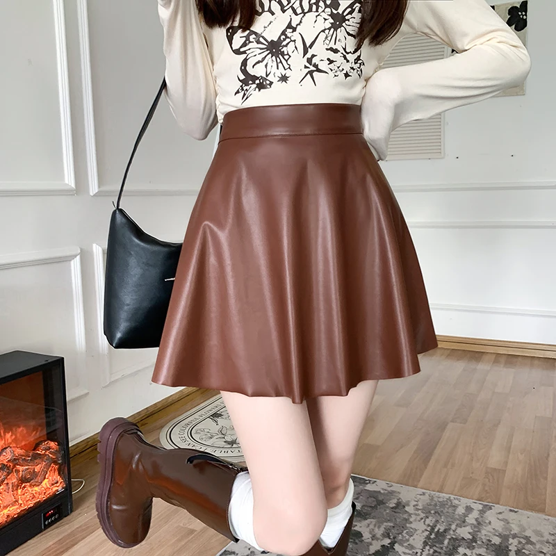 Womens PU Leather Slim Skirt High-waisted Versatile Female Fashion New Autumn and Winter Big Yards