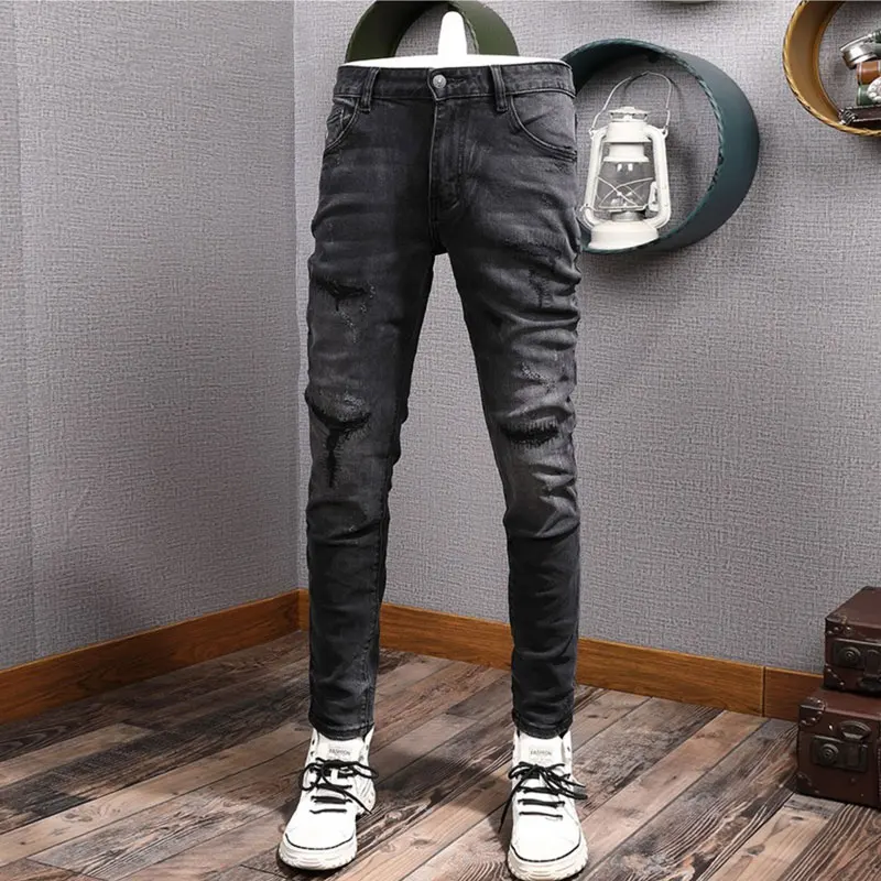 High Street Fashion Men Jeans Retro Black Gray Stretch Slim Fit Ripped Jeans Men Trousers Vintage Designer Denim Pants Hombre