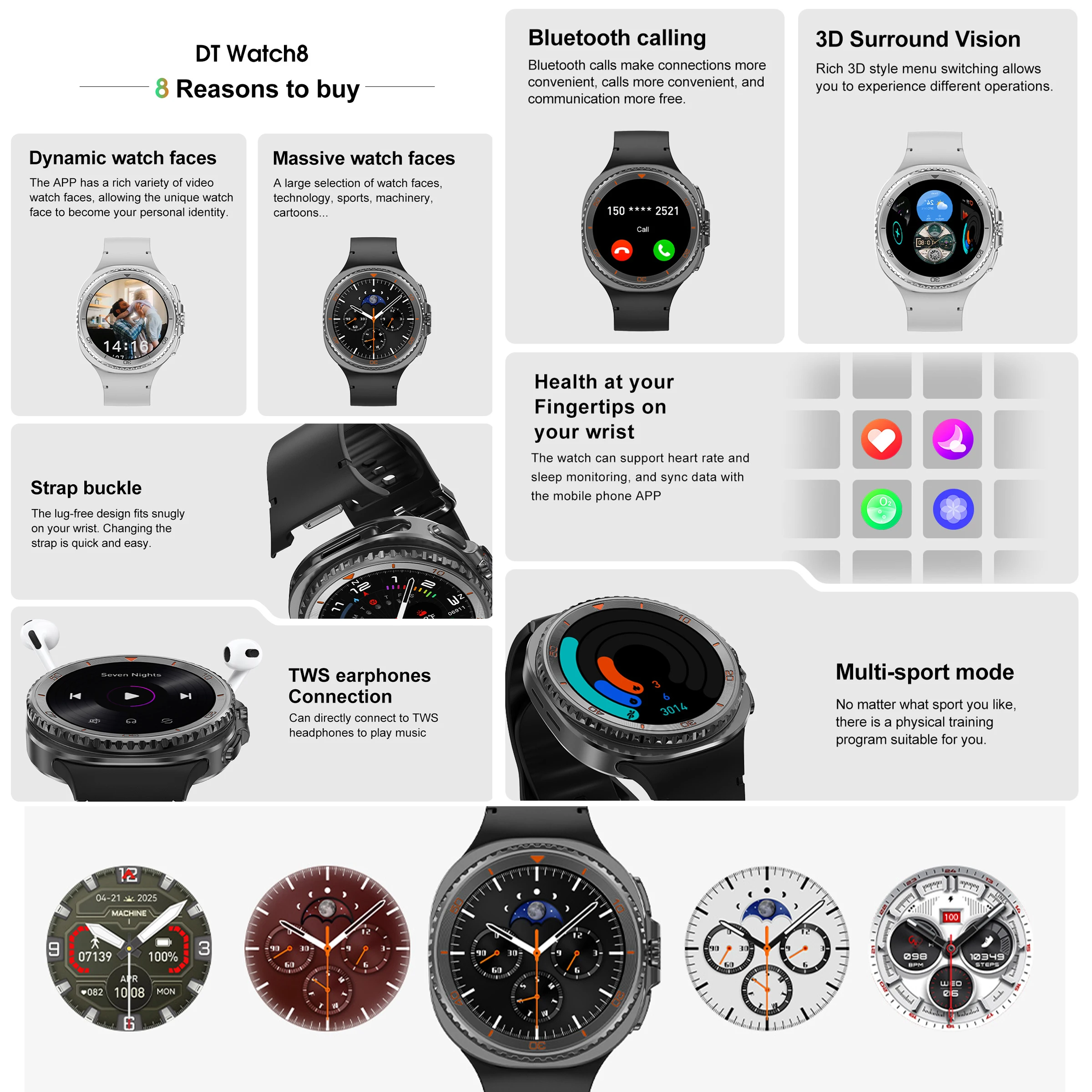 Nowy Smartwatch DT Watch 8 Classic 2025, 1 GB Pamięci, Muzyka, Wideo, Połączenia Bluetooth, Wodoodporność IP68, Ekran AMOLED, Kompatybilny z Słuchawkami TWS