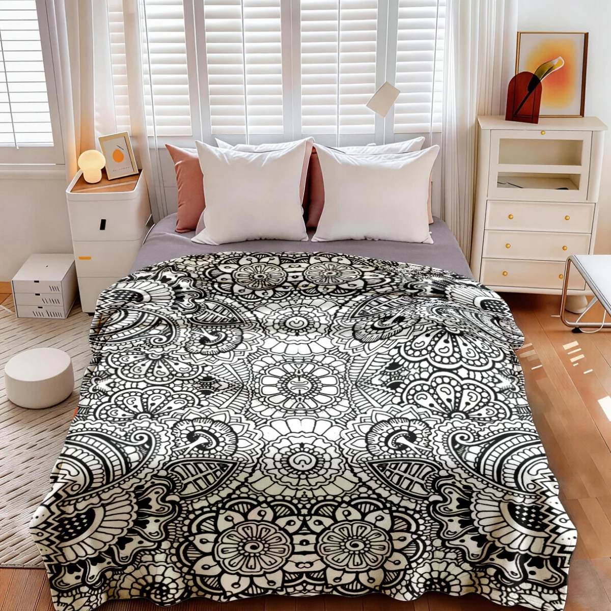 Moroccan Mandala Bohemian Throw Blanket Black White Geometric Boho Tribal Pattern Couch Decor Accent Bedspread