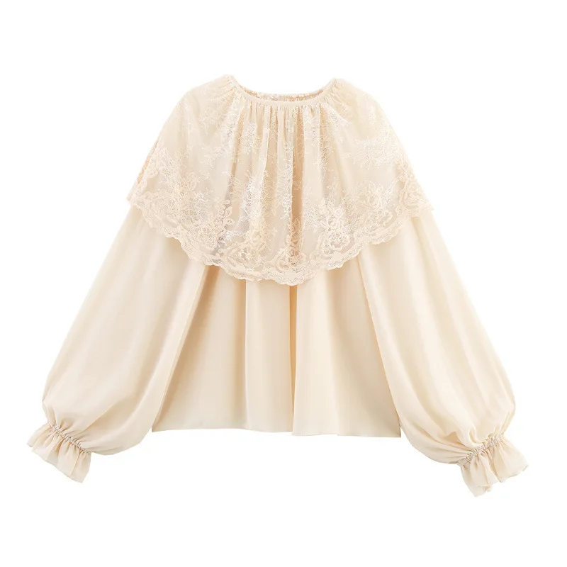 

Romantic Style Lace Cape Tops Spring Autumn New Arrival Beige Ladies Blouse Sweet Round Neck Women's Button Decoration Shirt